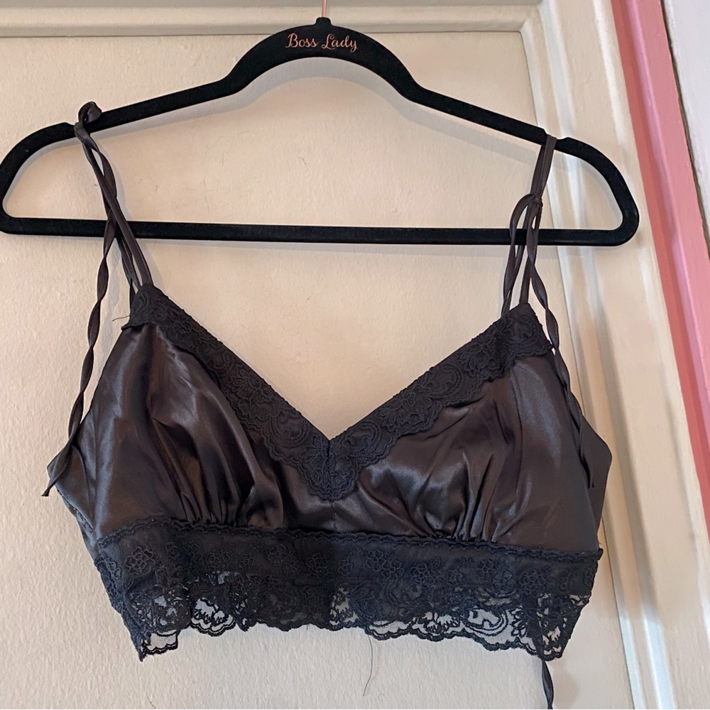 Forever 21 Black Satin and Lace Spaghetti Tie Strap Bralette Top